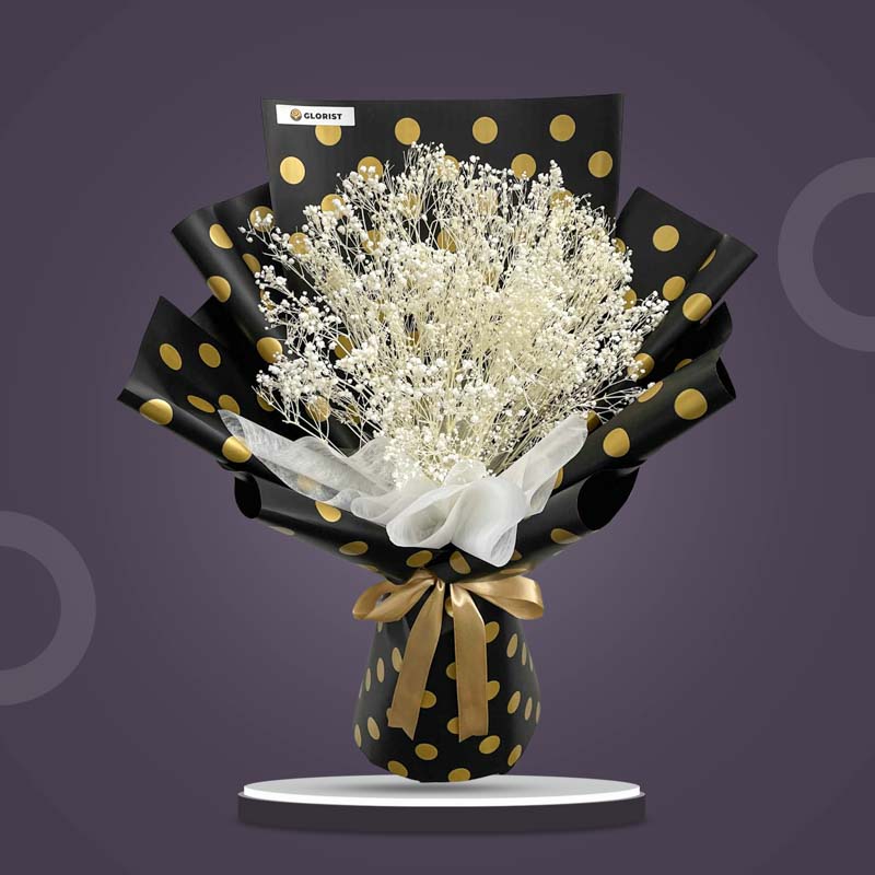 Rhodium Timeless dried bouquet with bleached gypsophila in black-gold polka Korean wrap and white non-woven, tied with light gold ribbon