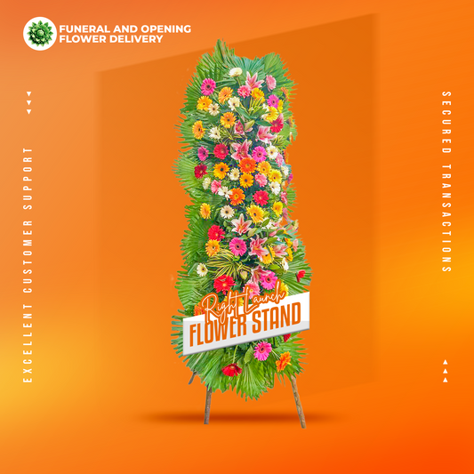 Right Launch Inaugural Stand with stargazer lilies, assorted gerbera daisies, yellow corn leaves, and anahaw leaves