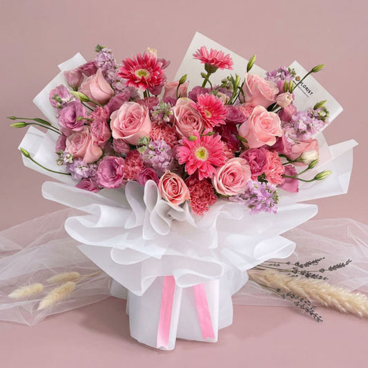 Pink China rose bouquet with matthiola, carnations, and gerbera flowers