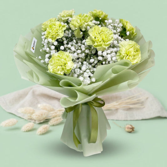 Green carnation bouquet with gypsophila baby’s breath and olive ribbon
