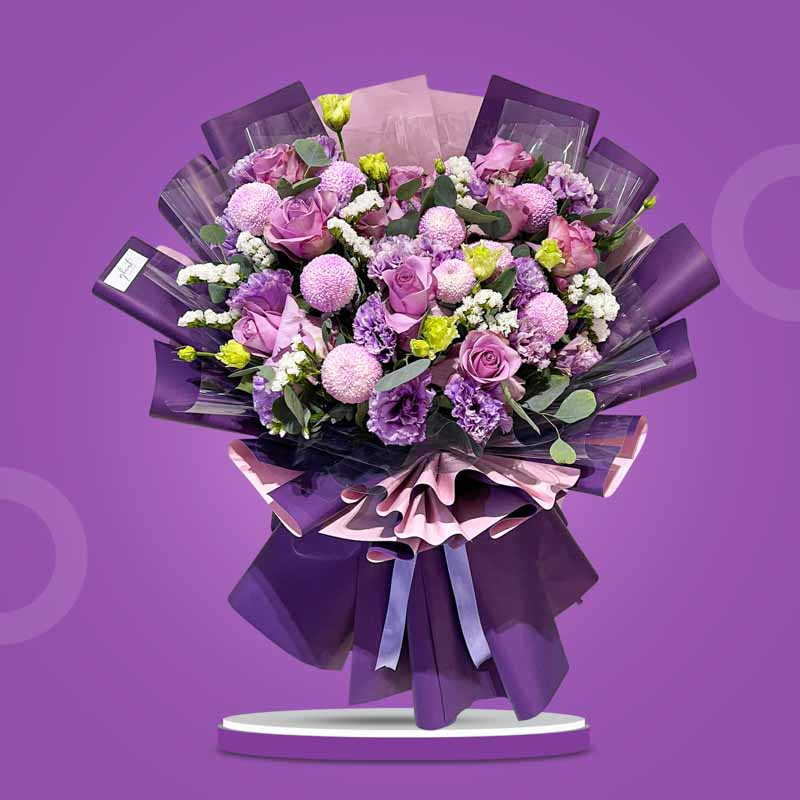 Sapphire Love bouquet with purple China roses, lisianthus, pompom chrysanthemums, statice, and eucalyptus in violet Korean wrap — Manila delivery