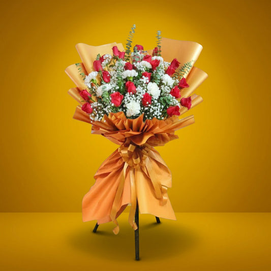 Solid Launch Inaugural Stand with red roses, white carnations, eucalyptus, and gypsophila fillers
