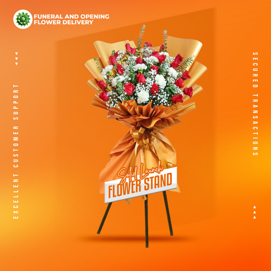 Solid Launch Inaugural Stand with red roses, white carnations, eucalyptus, and gypsophila fillers