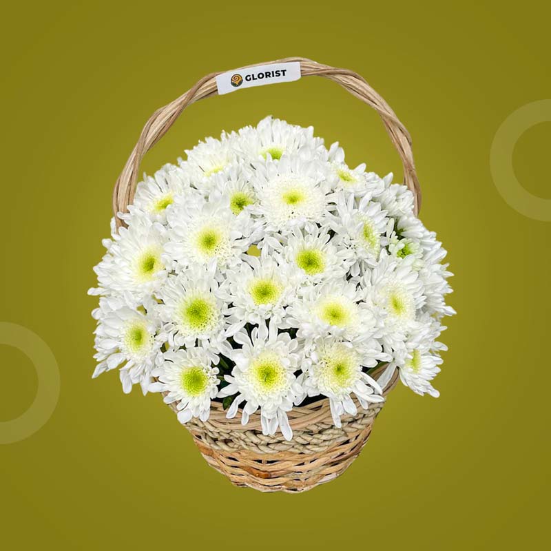 Stable Fantasy Sympathy Flower Basket with a bundle of Malaysian Mums in a woven rustic basket