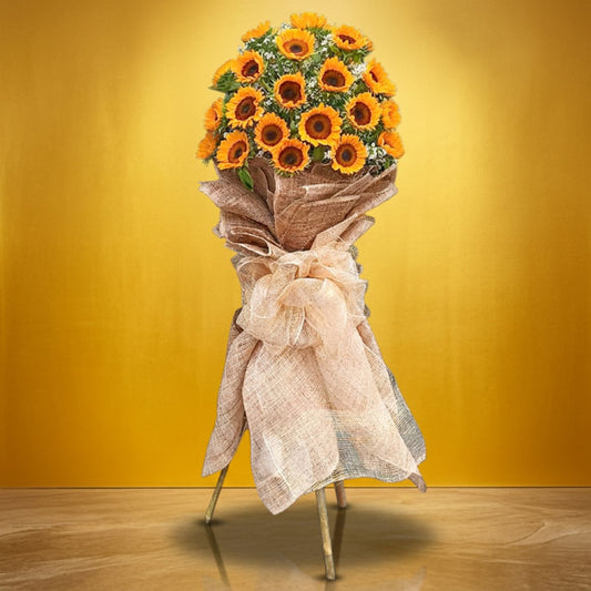 Stunning Launch Inaugural Stand with bright sunflowers and aster fillers for grand openings