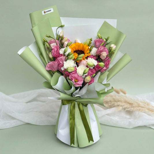 Sunflower bouquet with lisianthus and white carnations in Korean-style wrapping