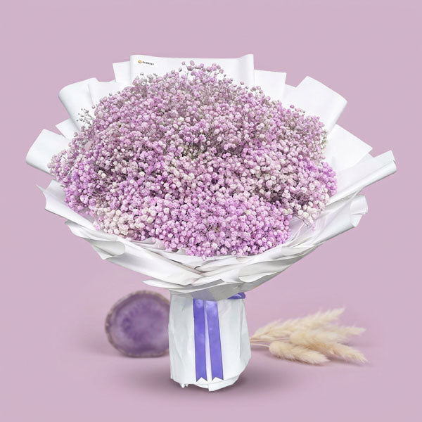 Tasteful Snow bouquet with purple painted Gypsophila Baby’s Breath in white Korean wrap and lavender ribbon