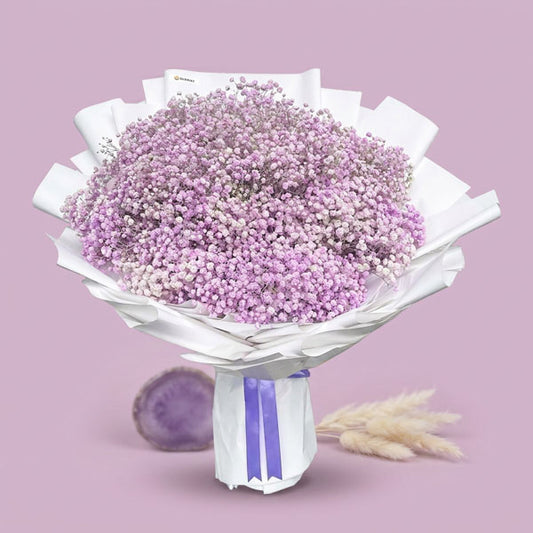 Tasteful Snow bouquet with purple painted Gypsophila Baby’s Breath in white Korean wrap and lavender ribbon