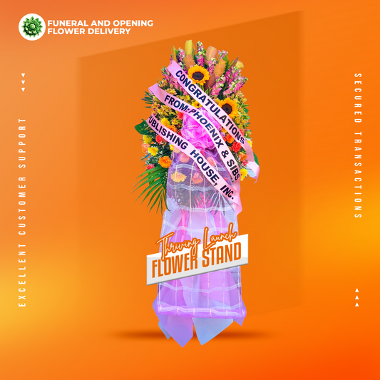 Thriving Launch Opening Stand with sunflowers, yellow gerberas, dark pink roses, pomelo roses, orange China roses, snapdragons, and lush greenery