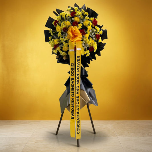 Grand opening flower stand with red gerbera and yellow spider mums