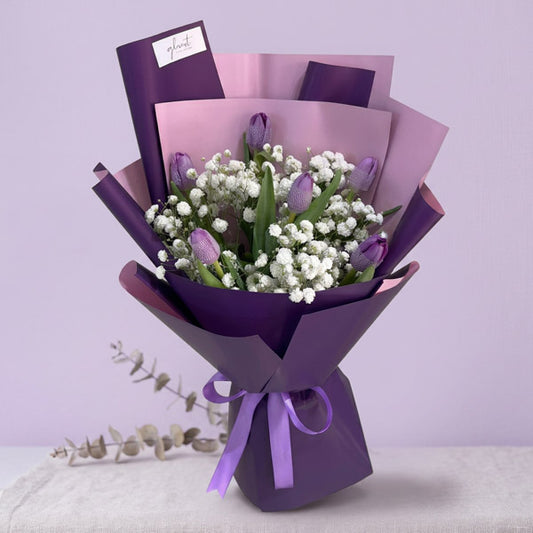 Verity Perennial bouquet with six purple tulips and gypsophila baby’s breath in two-toned purple Korean wrap — Manila delivery