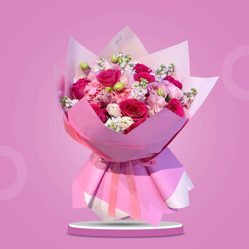 Vienna Love bouquet with pink China roses, matthiola, and pink lisianthus in a light pink Korean wrap — same-day delivery Manila