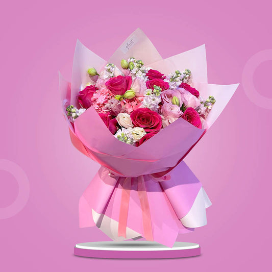Vienna Love bouquet with pink China roses, matthiola, and pink lisianthus in a light pink Korean wrap — same-day delivery Manila