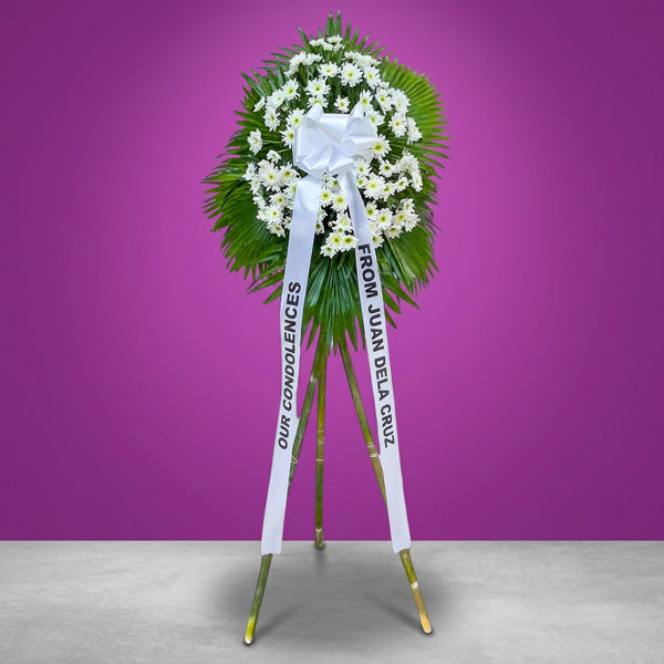 Vital Memory Funeral Stand with Malaysian mums and Anahaw leaves — sympathy flower stand