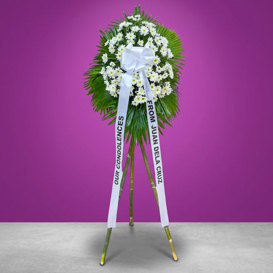 Vital Memory Funeral Stand with Malaysian mums and Anahaw leaves — sympathy flower stand