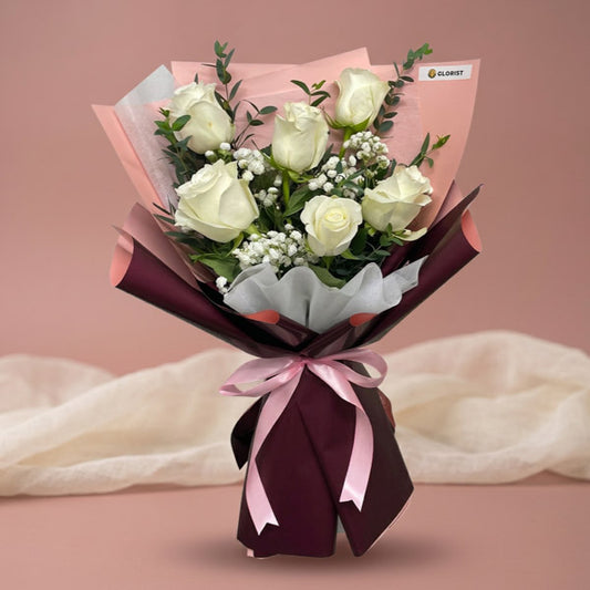 White China rose bouquet with gypsophila and eucalyptus in two-toned Korean wrapping
