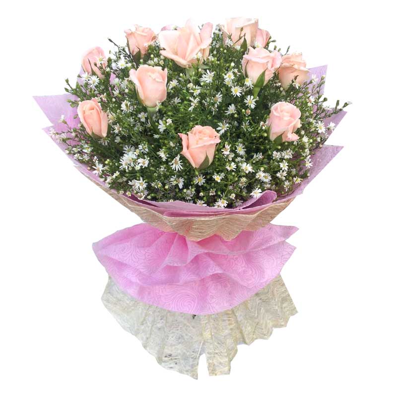 Delicate bouquet: One dozen light pink roses with Aster fillers, beautifully wrapped in tissue and Abaca for an enchanting floral arrangement.