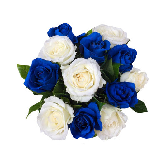 Exquisite bridal bouquet showcasing a combination of elegant white roses and intricately hand-painted blue roses, crafted with meticulous attention to detail, adding a unique and artistic touch to your wedding ensemble.