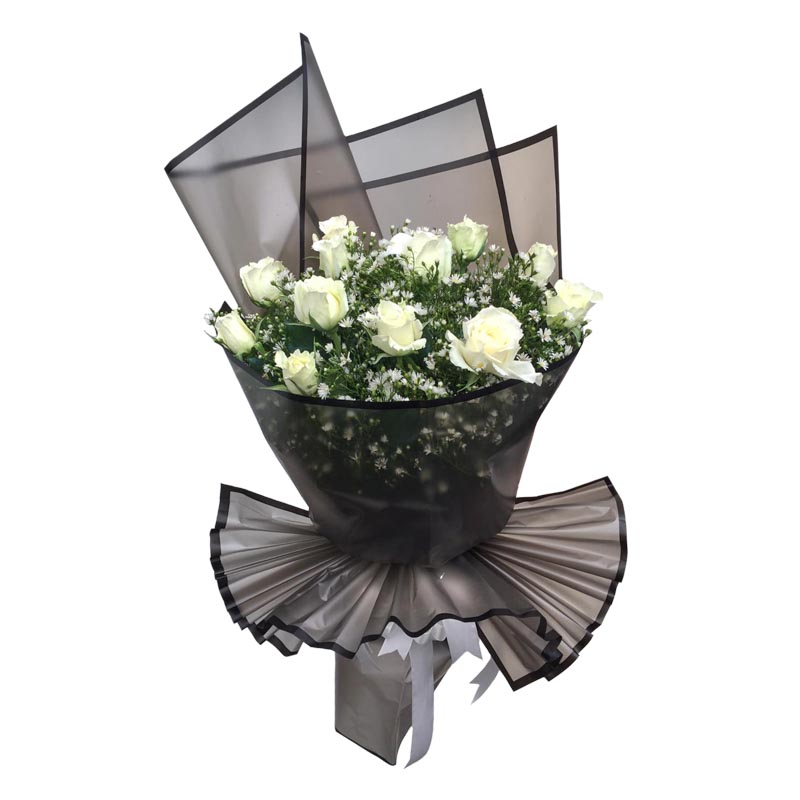 Bouquet of 12 White Roses with Aster Fillers, elegantly wrapped in a Korean-style packaging featuring a decorative border and satin ribbon. Perfect for any occasion.