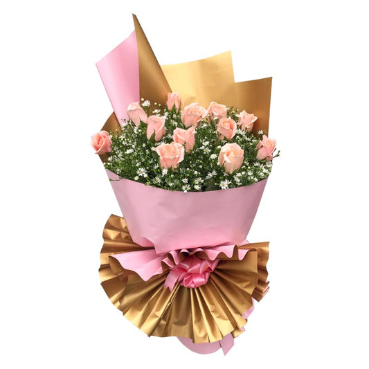 Delicate Light Pink Roses with Aster Fillers - Wrapped in a two-tone design with satin ribbon. Perfect for any occasion.