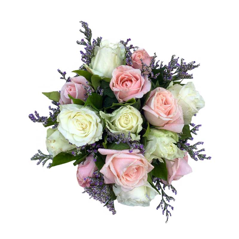 Captivating bridal bouquet featuring white and light pink roses adorned with delicate misty blue fillers for an enchanting touch.