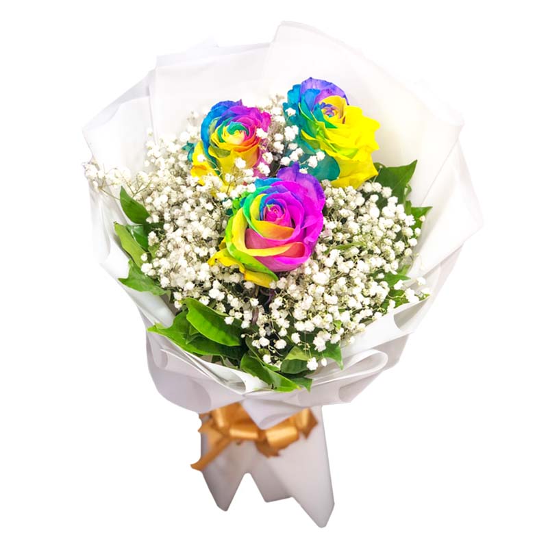 A stunning bouquet featuring three vibrant rainbow Ecuadorian roses, showcasing a beautiful blend of colors. The roses are accompanied by delicate gypsophila fillers, adding a touch of elegance to the arrangement. The bouquet is expertly wrapped in a Korean-style packaging, exuding a sense of sophistication, and finished with a luxurious satin ribbon. This bouquet is a perfect gift to bring joy and beauty to any occasion.