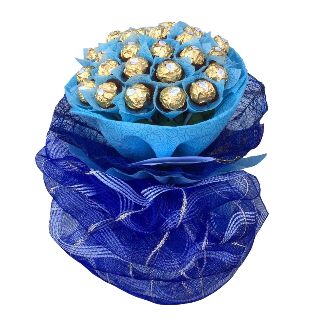 Luxurious bouquet featuring 24 exquisite Ferrero Rocher chocolates, beautifully presented with a combination of tissue and abaca wrap. The bouquet is adorned with a delicate net overlay, exuding elegance and showcasing this visually pleasing and indulgent arrangement.