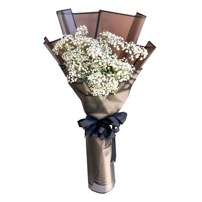 Gorgeous Gypsophila Korean bouquet with border wrap and satin ribbon accentuating its delicate charm and beauty.
