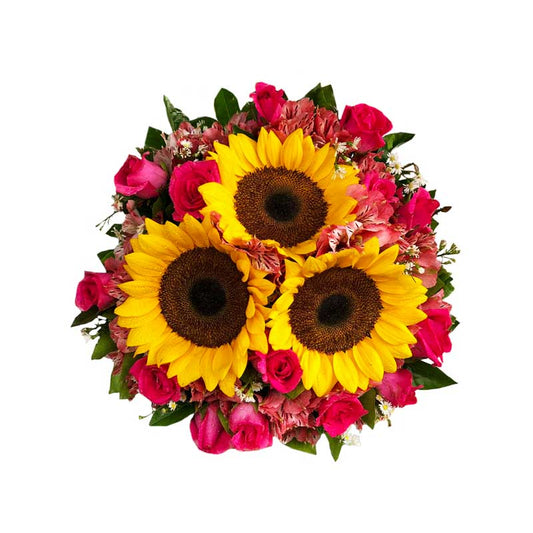 Sunflower and Dark Pink Rose Bridal Bouquet - Featuring Aster and Astro fillers. A stunning choice for weddings and special occasions.