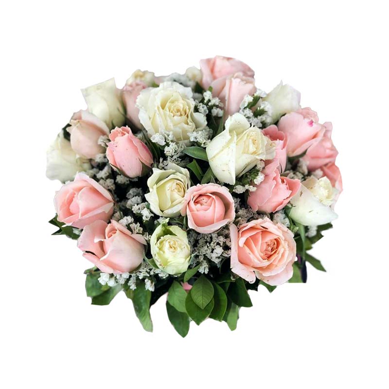 Elegant bridal bouquet featuring a combination of pristine white and delicate light pink roses, accentuated with statice fillers, creating a timeless and romantic arrangement for your special day.