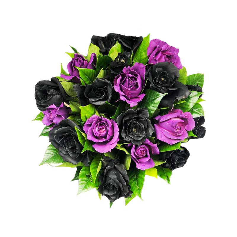Bridal bouquet of stunning purple and black roses with delicate floral painting. Perfect for weddings, special occasions, and romantic celebrations. Elegant and unique floral arrangement.