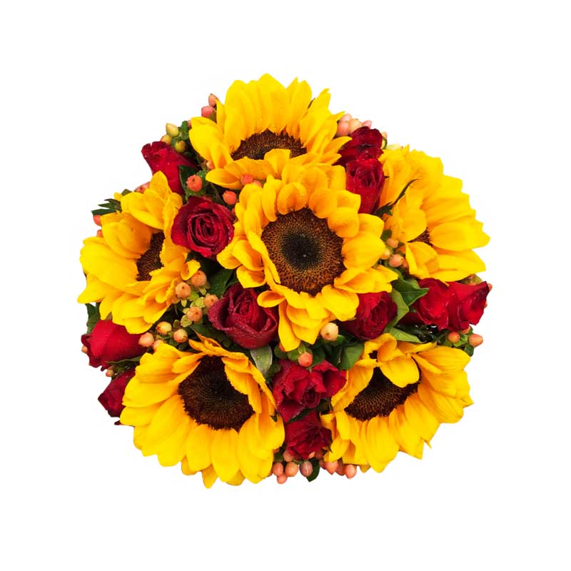 Stunning bridal bouquet featuring vibrant sunflowers and red roses, elegantly embellished with hypericum berries, perfect for adding a touch of beauty and warmth to your special day.