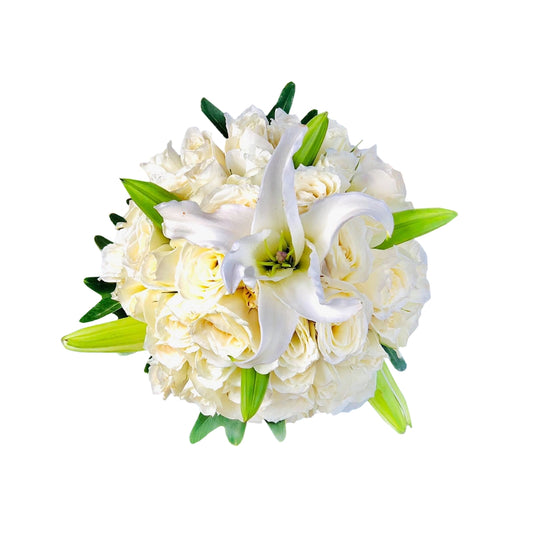 Elegant bridal bouquet: 3 dozen white roses and a stunning stargazer lily, a perfect blend of beauty and grace.
