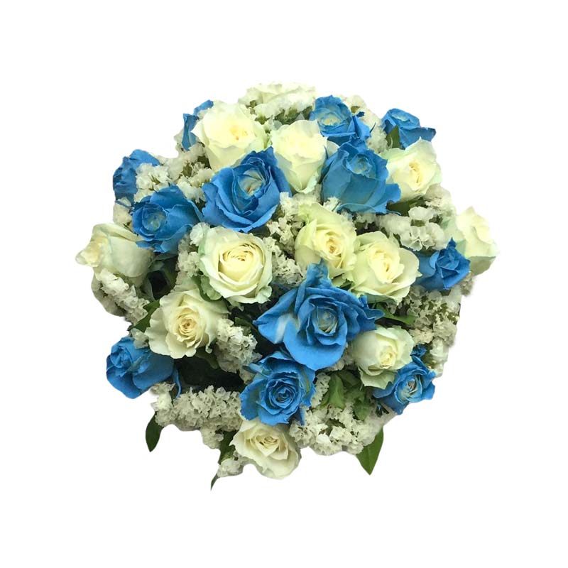 Captivating bridal bouquet featuring a blend of pristine white roses and delicate light blue roses adorned with statice fillers, exuding elegance and charm.