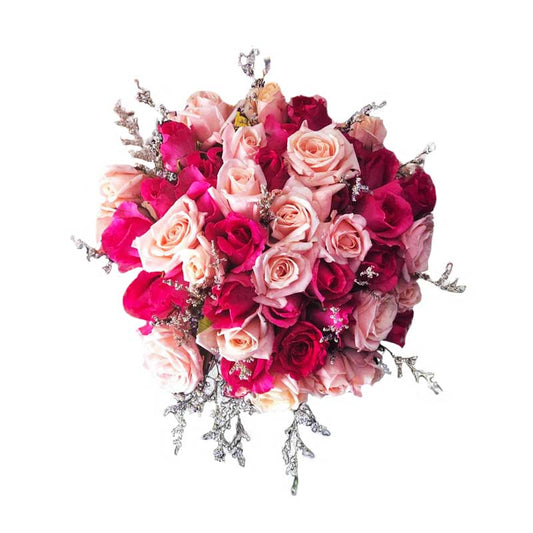 Exquisite Bridal Bouquet: Light and dark pink roses paired with delicate misty blue fillers - Perfect for a memorable wedding day.