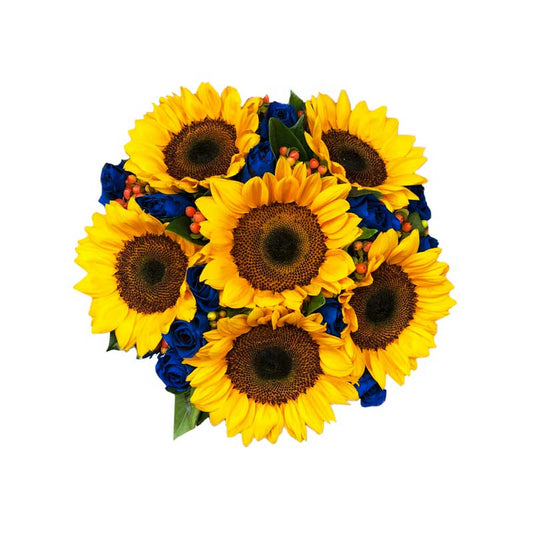 Stunning bridal bouquet: Sunflowers and floral painted blue roses with hypericum berries. A vibrant and unique arrangement for your special day.