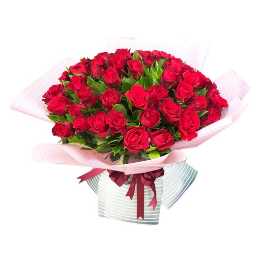 Stunning bouquet: 48 red roses in a Korean striped wrap, adorned with a luxurious satin ribbon, epitomizing elegance and romance.