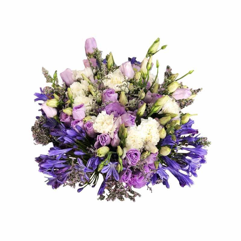 Romantic Bridal Bouquet: Enhance your special day with this romantic bridal bouquet. It features a captivating combination of pink lisianthus, agapanthus, and white carnations, elegantly arranged with delicate misty blue fillers. This bouquet exudes romance and elegance, perfect for creating a dreamy atmosphere on your wedding day. Make a statement with this stunning floral ensemble, designed to complement your bridal look flawlessly.