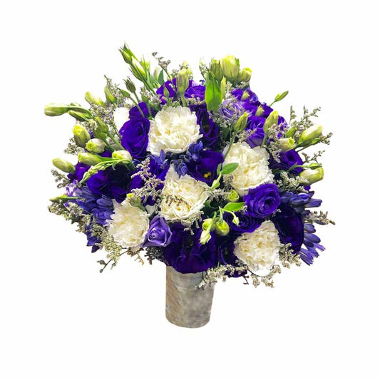 Beautiful bridal bouquet: White carnations and violet lisianthus with delicate misty blue fillers. A perfect blend of elegance and charm.