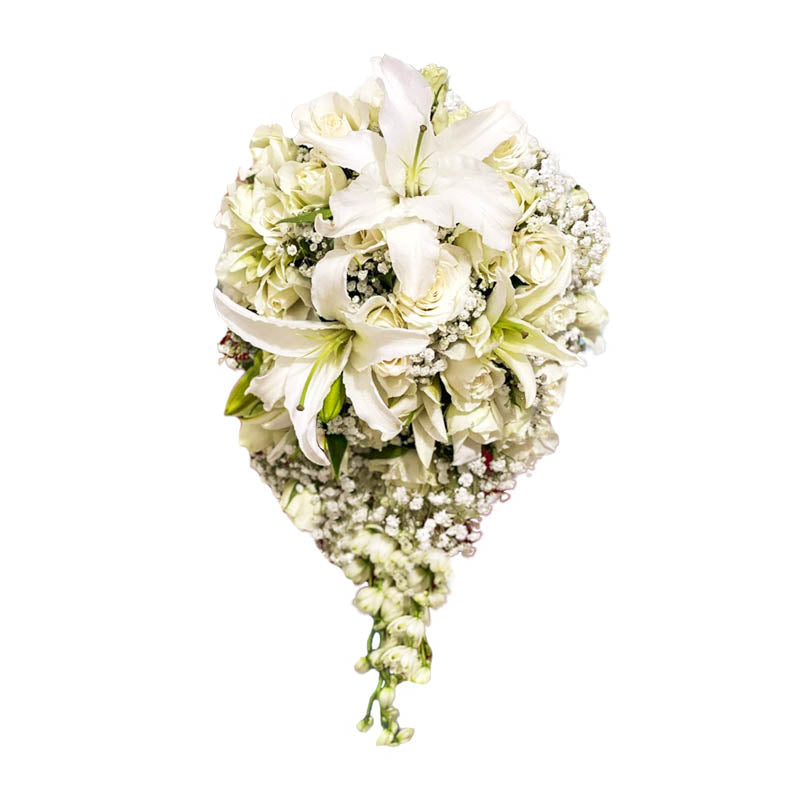 Exquisite bridal bouquet: White Stargazers and Roses adorned with Gypsophila and Delphinium fillers, symbolizing purity and elegance.