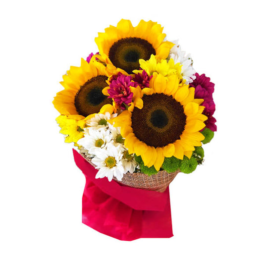 Captivating sunflower bouquet: Malaysian Mums and Green Buttons fillers, wrapped in rustic burlap and tissue, emanating natural beauty and charm.